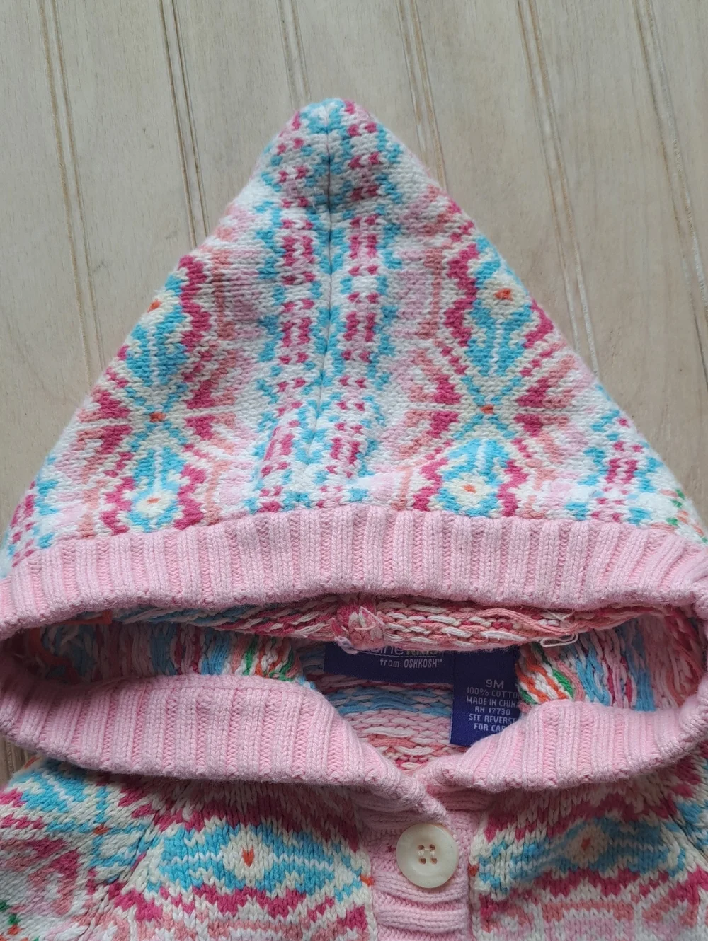 Genuine Kids OshKosh Fair Isle Hooded Chunky Knit Cotton Cardigan Sweater 9M